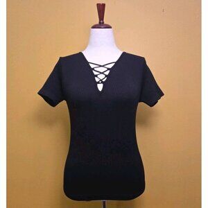 Active Basic Lace Up Ribbed Top Short Sleeve Med‎ Large USA Black Womens Short